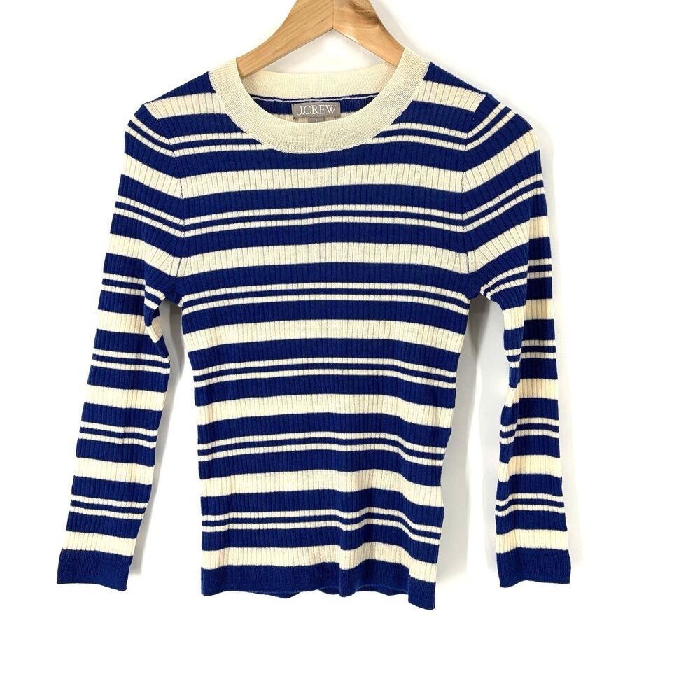 J Crew Carolyn Sweater Size Small Womens Blue Stripe Merino Wool Crew Preppy